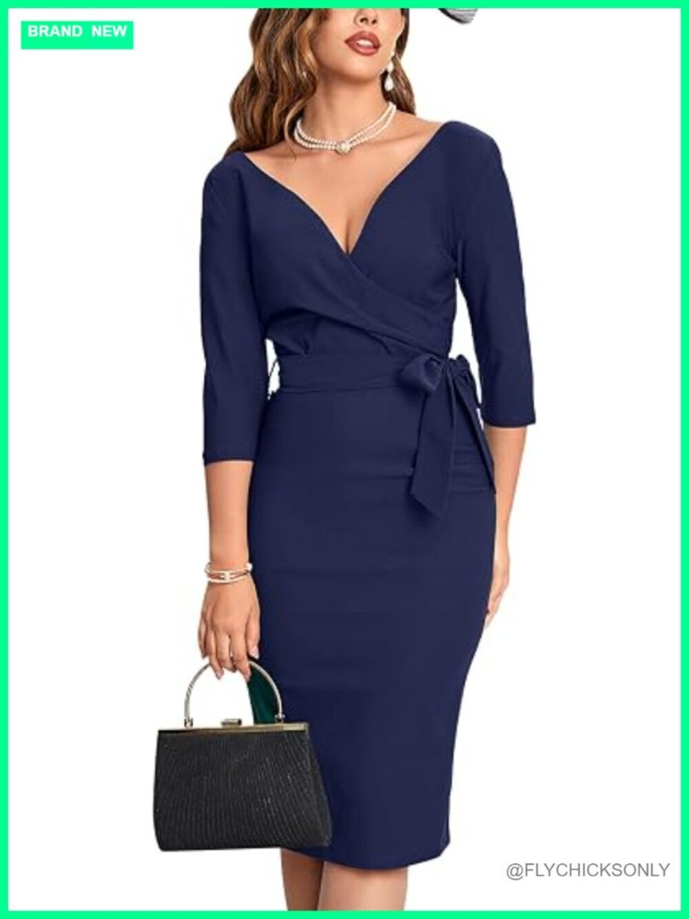 Vintage Faux Wrap V Neck 3/4 Sleeve Formal Party Work Dress Belt